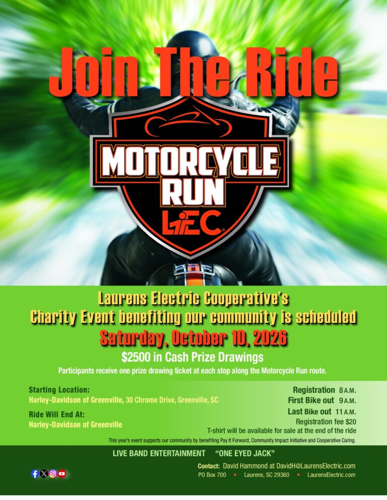 Laurens Electric Cooperative Motorcycle Run flyer for Saturday, October 10, 2026, with registration at 8 a.m. at Harley-Davidson of Greenville